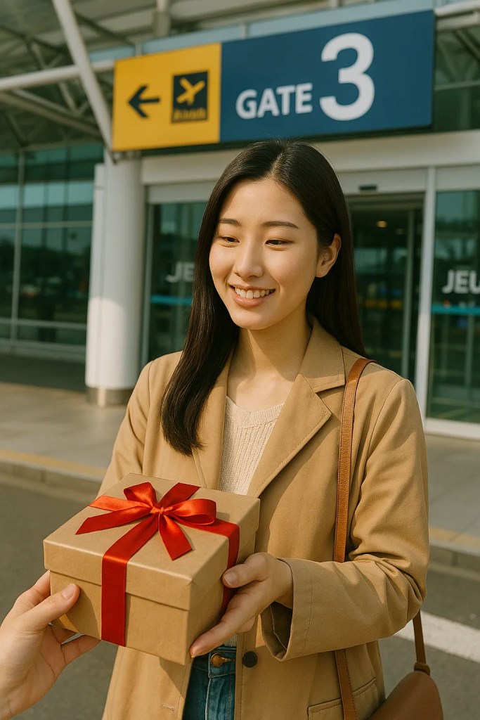 제주드림 픽업 장소 - 제주공항 3번 게이트 앞에서 선물박스를 받는 제주드림 고객