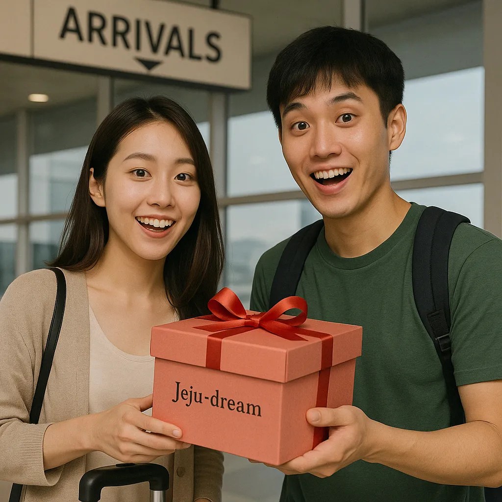 공항 3번 게이트에서 제주드림 선물상자를 픽업하는 고객들 모습