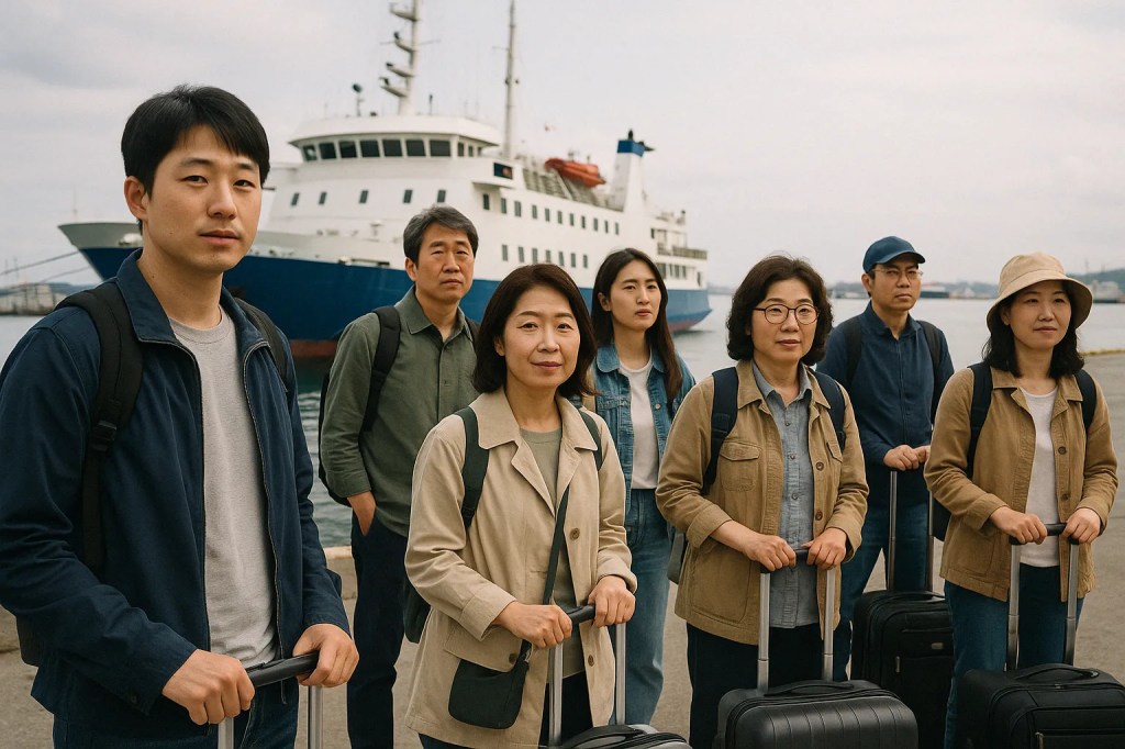 제주 배편을 기다리는 한국인 여행객들 – 선착장에서 짐을 든 채 페리를 기다리는 장면