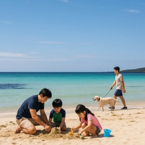 제주 해변에서 가족과 강아지가 함께 모래놀이 중인 풍경